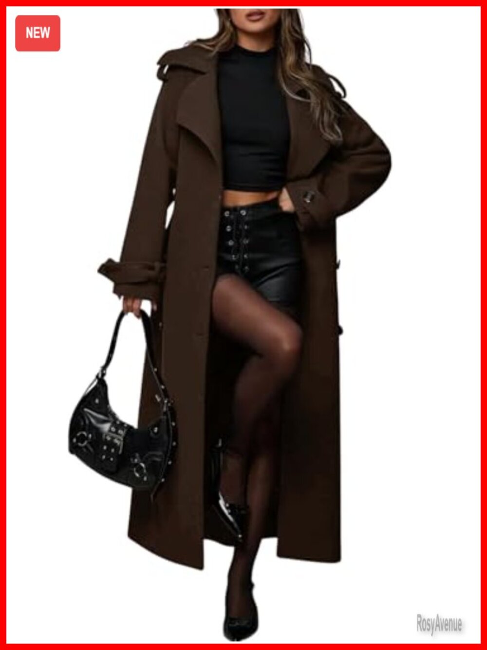 Wool Blend Pea Coat Double Breasted Midi Long Belted Trench Notch Lapel